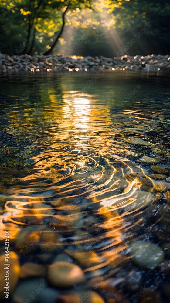 Golden Dawn: A Serene Spring Water Emergence in Nature's Oasis Capturing Tranquility and Renewal
