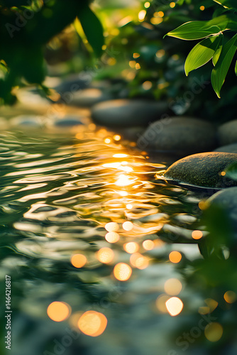 Golden Dawn: A Serene Spring Water Emergence in Nature's Oasis Capturing Tranquility and Renewal