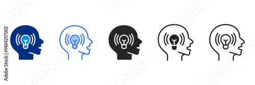 awareness icon set multiple style collection. A human head in profile with a glowing light bulb inside and radiating lines, symbolizing awareness, insight, and conscious thought.