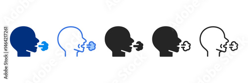 breathe icon set multiple style collection. A side view of a person exhaling visible air, representing breathing, relaxation, or breathing exercises.