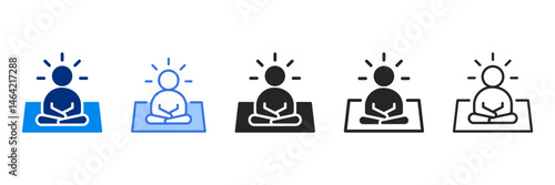 meditation icon set multiple style collection. A person meditating on a mat with light rays around the head, symbolizing calmness, focus, and inner awareness.