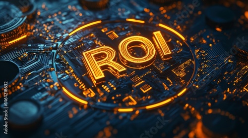 Orange ROI Symbol on Circuit Board Background Abstract Technology Design