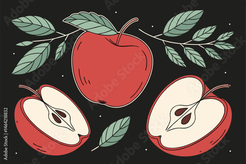19 bright red apples, glossy surface, green leaves, cartoon style, black background, vibrant colors, 2D illustration, vector graphics, clean lines, minimalist design, symmetrical composition, floating