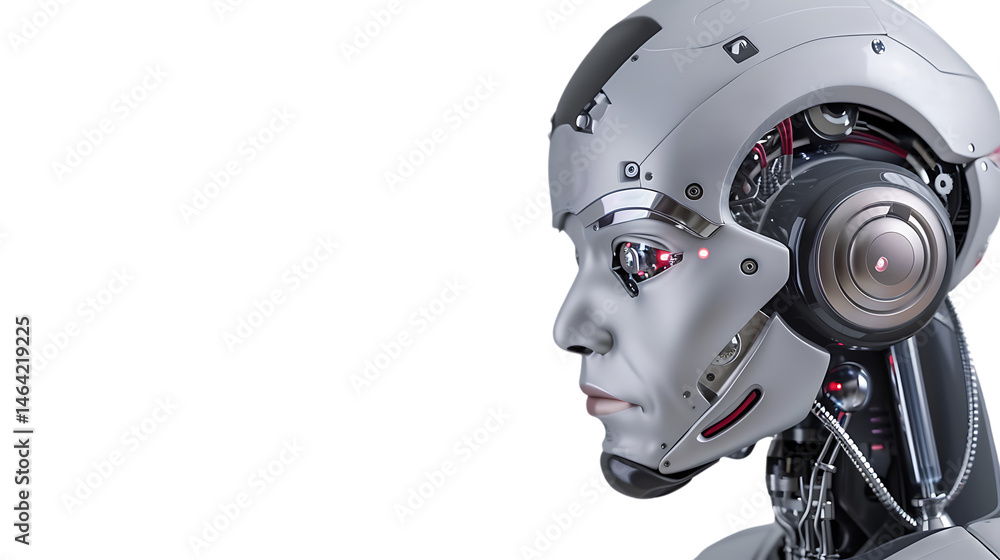 Humanoid Robot Head: Close-up profile view of a sleek, silver humanoid robot head, showcasing intricate mechanical details and a lifelike human-esque face. Humanoid Robot Head: Close-up profile view of a sleek, silver humanoid robot head, showcasing intricate mechanical details and a lifelike human-esque face.