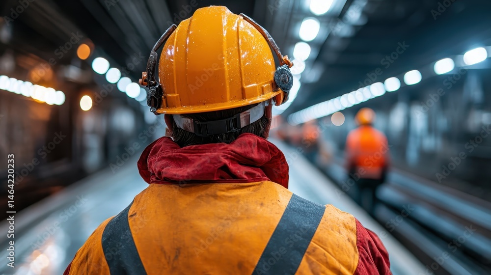 A construction worker stands on a subway track, wearing a bright orange vest and yellow hard hat, highlighting the importance of safety in modern infrastructure projects. A construction worker stands on a subway track, wearing a bright orange vest and yellow hard hat, highlighting the importance of safety in modern infrastructure projects.