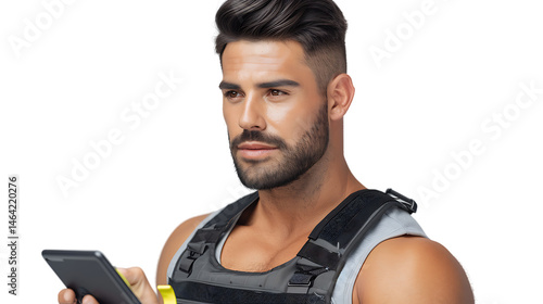The fitness guru is using tablet: A fit and handsome individual, engaged in his fitness regimen, focused on his tablet to optimize workout routines.