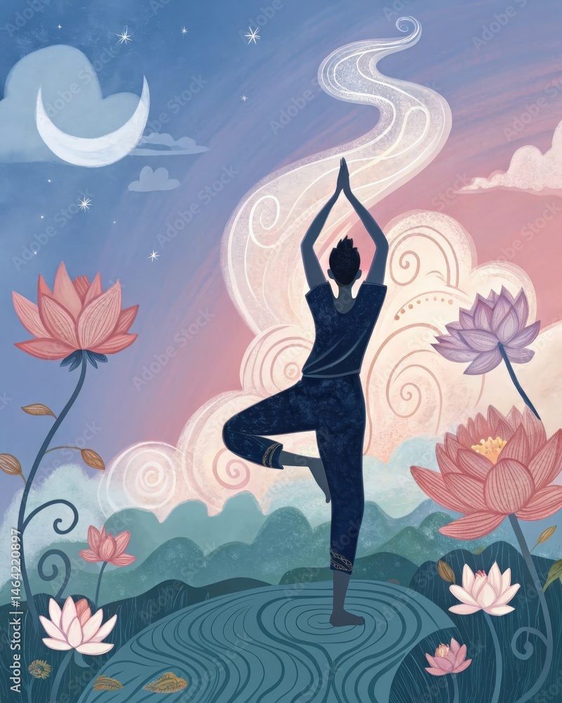 A yoga practitioner in a pose that blends strength and relaxation embodying the physical representation of merging striving with serenity in ones selfjourney.