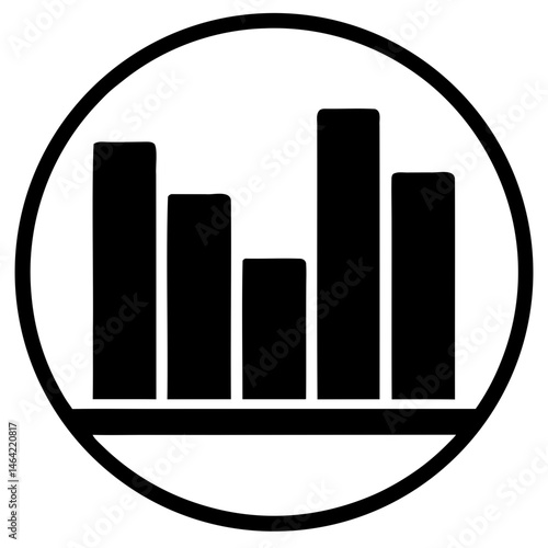 Black and white bar chart icon for data analysis and statistical report presentation with circle border design isolated on transparent background