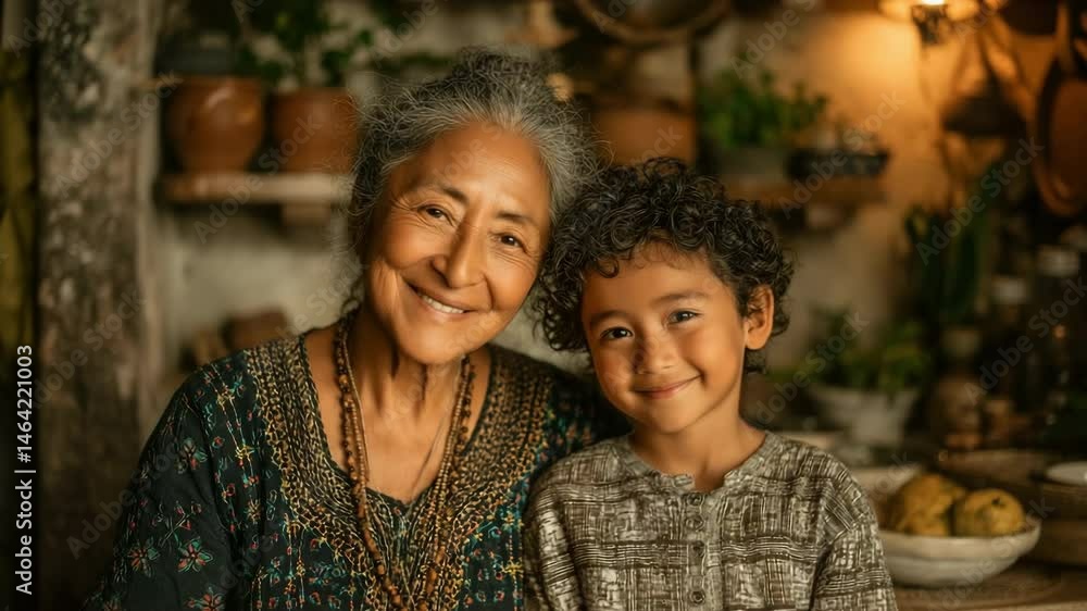 Grandmother and her young grandson smiling together, surrounded by a cozy. Grandmother and her young grandson smiling together, surrounded by a cozy.