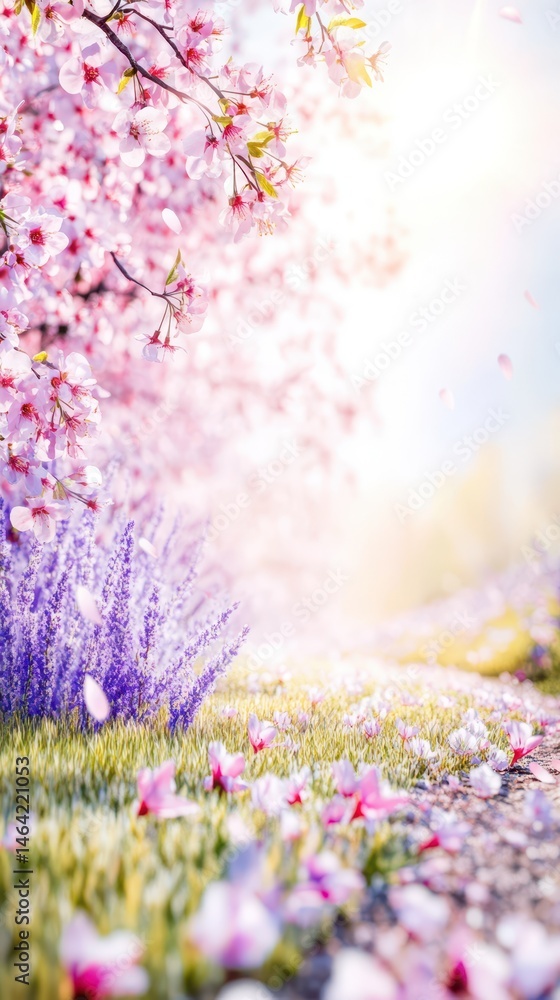 Cherry Blossoms and Lavender: A serene landscape featuring a vibrant cherry blossom tree in full bloom, its delicate pink petals showering a path edged with fragrant lavender.