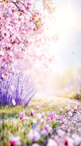 Obraz na płótnie Cherry Blossoms and Lavender: A serene landscape featuring a vibrant cherry blossom tree in full bloom, its delicate pink petals showering a path edged with fragrant lavender. w salonie