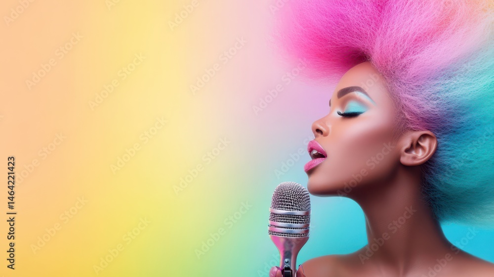 Harmonious Vocal Performance: A vibrant portrait of a female singer, radiating colorful expression with a microphone, perfectly capturing the essence of her passion and musical talent.