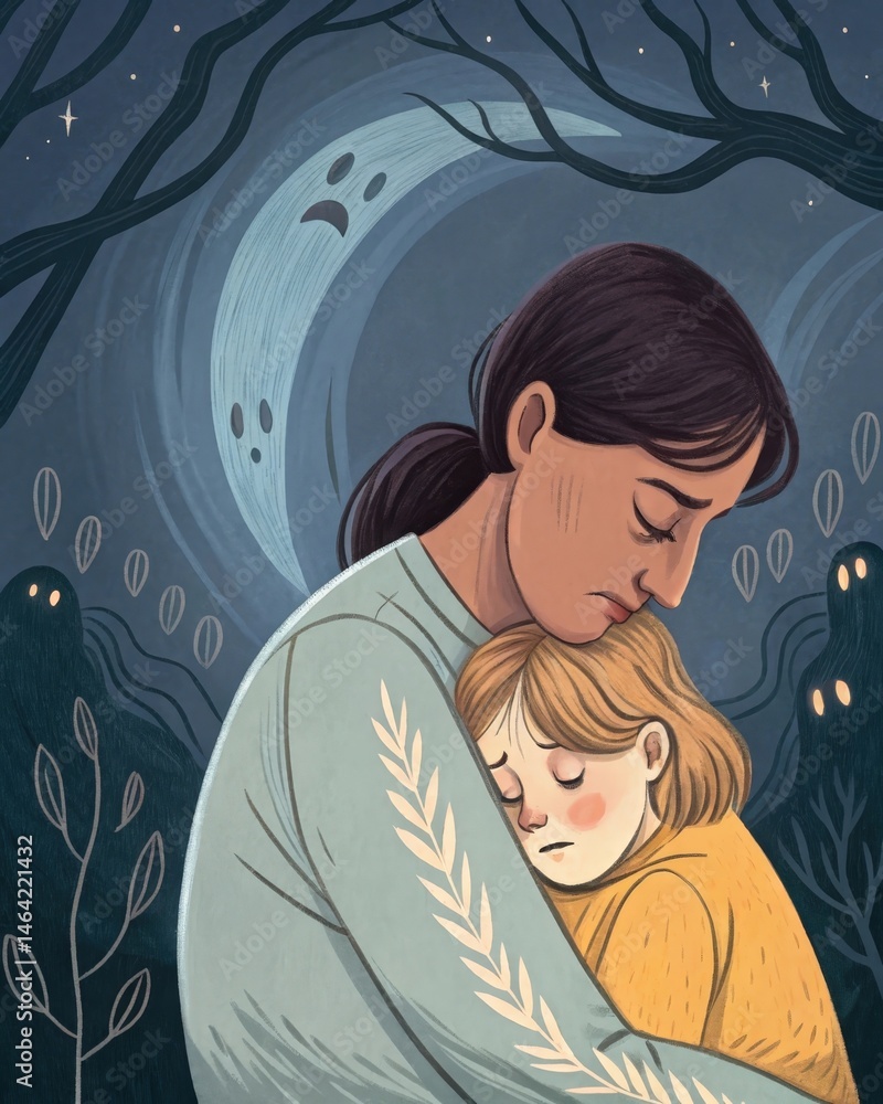 A parent gently comforting a child who is having a nightmare signaling a struggle with nighttime fears and anxiety stemming from past trauma.