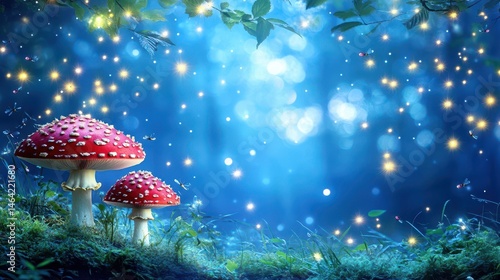 Obraz na płótnie Enchanting Forest: A mystical realm unfolds, where vibrant red-capped mushrooms punctuate a luminous, dreamlike forest floor, amidst the ethereal glow of sparkling lights and bokeh. w salonie