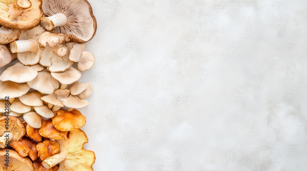 Autumnal Abundance: A vibrant assortment of wild mushrooms, artfully arranged, invites the viewer to experience the natural beauty and culinary potential of the forest's bounty.
