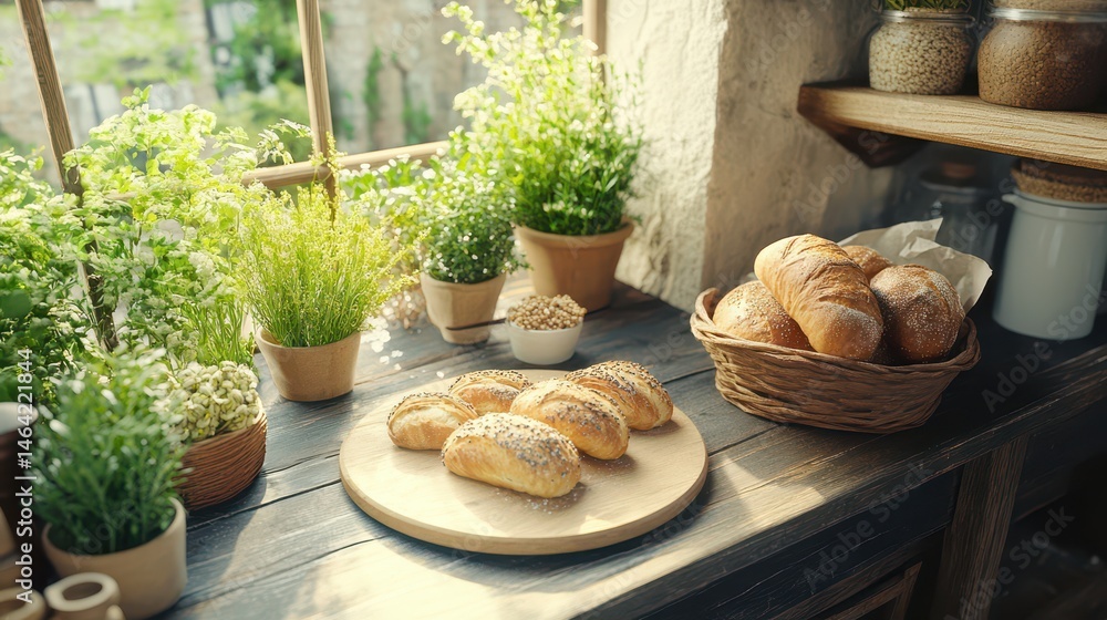 Freshly Baked Croissants: A sunlit kitchen scene featuring a selection of freshly baked croissants and bread rolls, perfect for a delicious breakfast or snack.