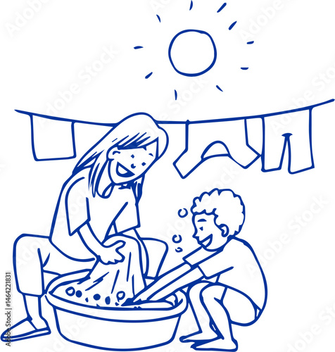 Mother and son Washing Clothes Together hand drawn sketch 