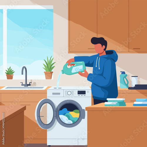 Person Pouring Liquid Into Washing Machine for Laundry at Home