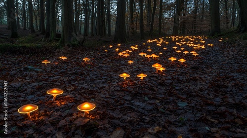 Glowing mushrooms scattered across dark forest floor soft light emanating from their caps cinematic magical forest
