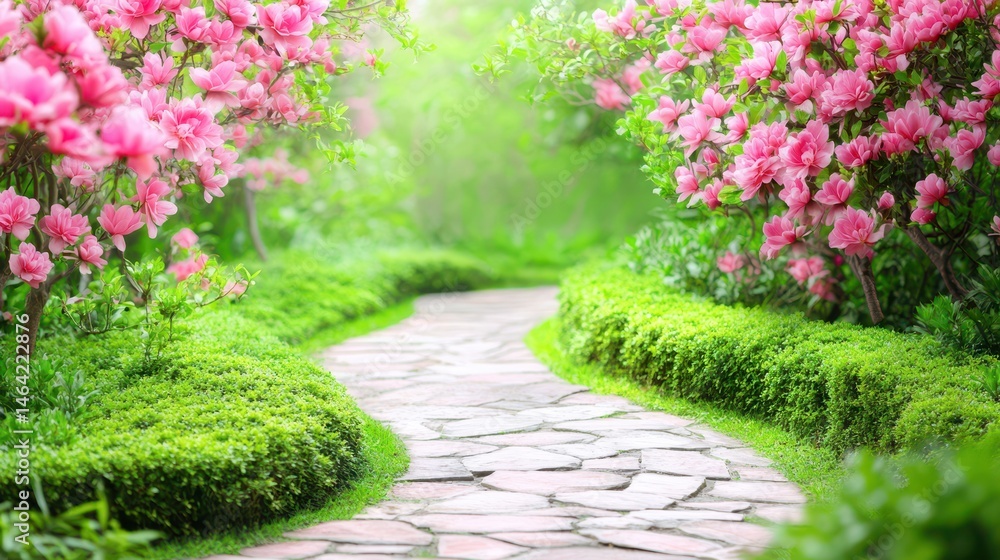 Secret Garden: A stone pathway weaves its way through a vibrant garden adorned with flourishing azalea and lush greenery, inviting contemplation and escape.