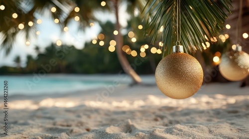 Wallpaper Mural A stunning gold Christmas ornament hangs delicately from a palm branch, beautifully contrasting with the serene beach and bokeh lights in the background, evoking festive vibes. Torontodigital.ca