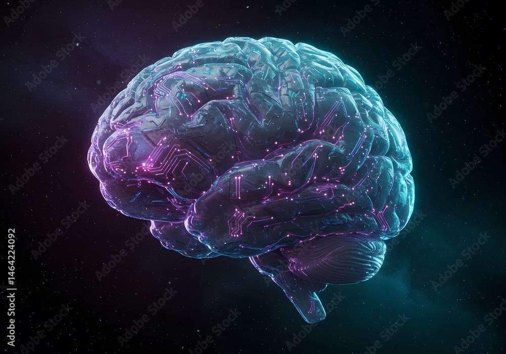 3D Render of a Digital Brain in Outer Space, Neuroscience and Artificial Intelligence Concept. 3D Render of a Digital Brain in Outer Space, Neuroscience and Artificial Intelligence Concept.