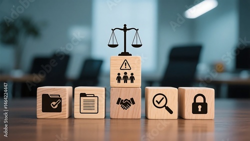 wooden cubes with business icons, legal scales, warning sign, handshake, magnifying glass, lock, blurred office background
