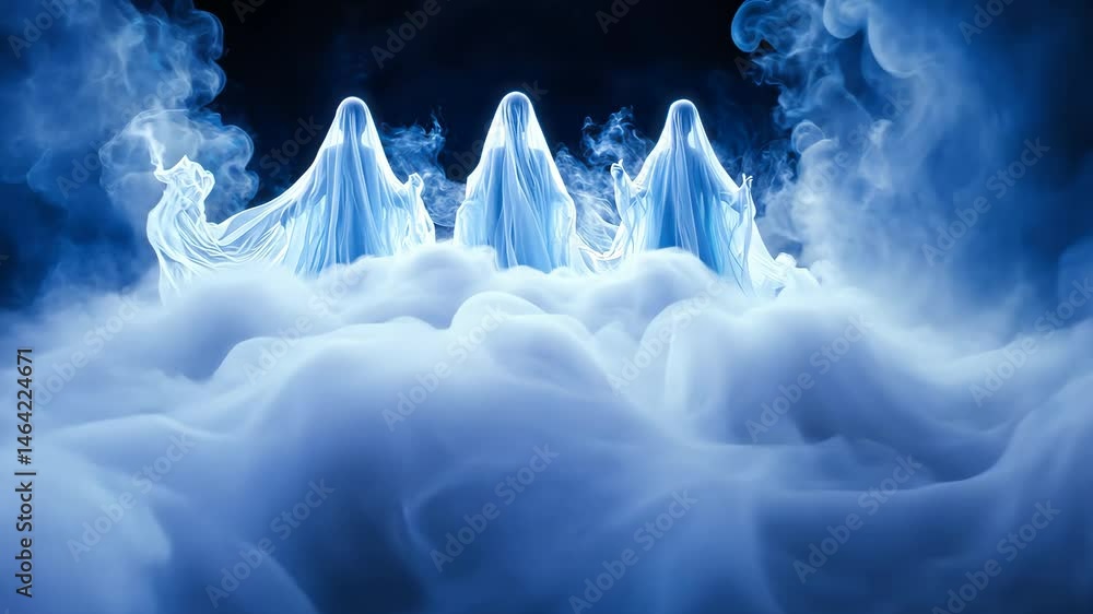 Mystical Spirits in the Ether: Three ethereal figures shrouded in flowing robes emerge from a swirling sea of luminous mist, evoking a sense of mystery and the unknown.