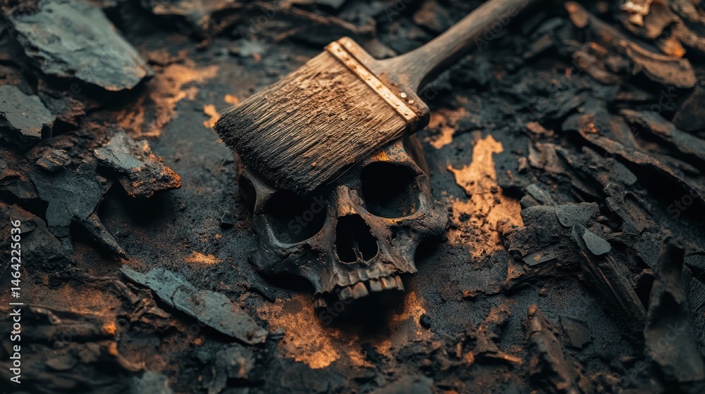 Fototapeta premium Fossilized Skull Surrounded by Dark Textures and Brush on Top