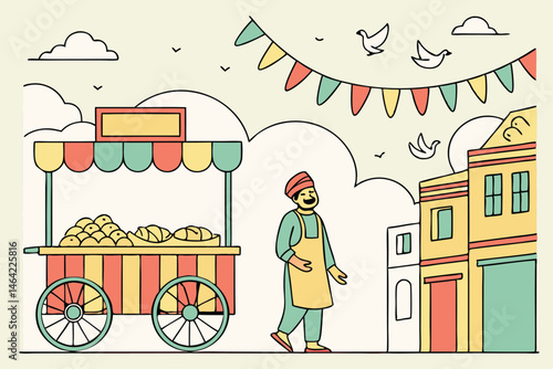 22 Street food vendor, colorful food cart, samosas, Indian market, festive bunting, cheerful atmosphere, pastel colors, cartoon style, bustling street scene, traditional snacks, street buildings, whim