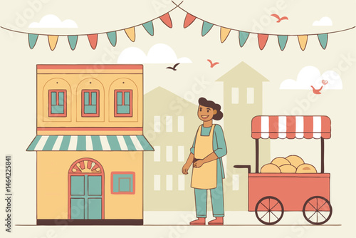 22 Street food vendor, colorful food cart, samosas, Indian market, festive bunting, cheerful atmosphere, pastel colors, cartoon style, bustling street scene, traditional snacks, street buildings, whim