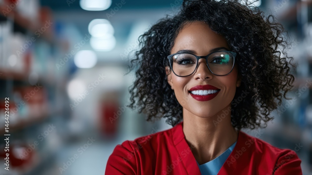 A confident woman in glasses and a red medical uniform stands smiling, showing professionalism and warmth in a healthcare setting filled with medical supplies. A confident woman in glasses and a red medical uniform stands smiling, showing professionalism and warmth in a healthcare setting filled with medical supplies.
