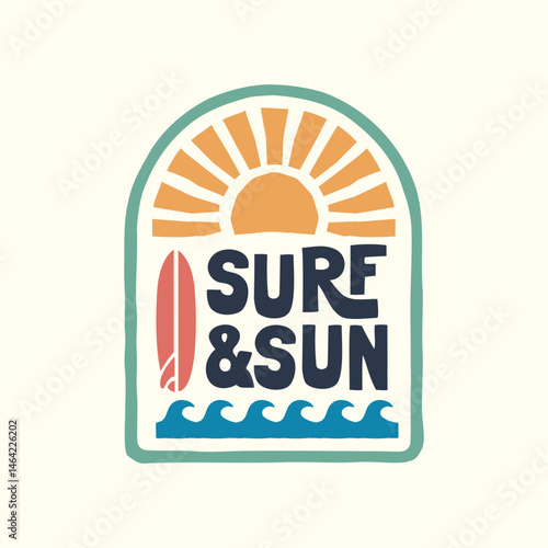 Vector graphic with waves,  sun, surfboard, and the phrase "Surf & Sun" in retro colorway. Ideal for t-shirt print, posters, and stickers.