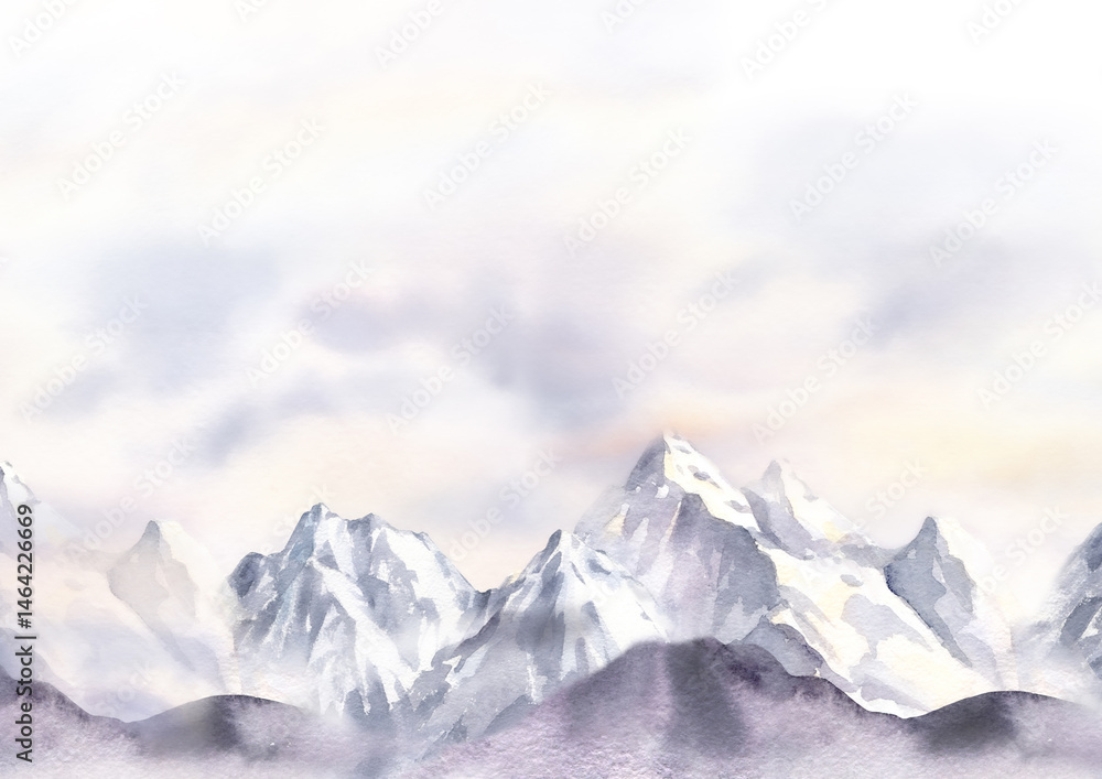 Fototapeta premium Seamless watercolor banner with snowy mountains, fog, forest, sky and clouds. Hand drawn template isolated on white background.
