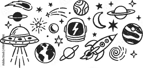 Hand drawn space theme vector illustration set with UFOs, rockets, planets, stars, comets, and astronauts in a doodle art style.