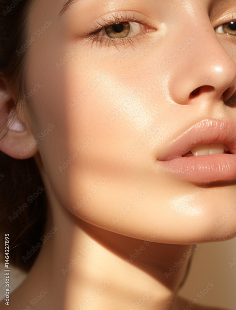 close-up of a woman’s glossy lips and soft jawline,glowing dewy skin,natural makeup, golden hour light reflecting off skin,soft shadows,blurred pastel background,feminine and ethereal beauty