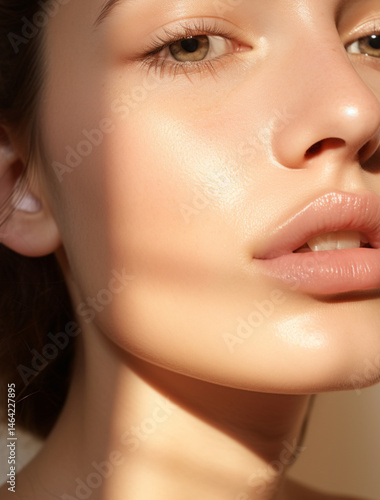 Obraz na płótnie close-up of a woman’s glossy lips and soft jawline,glowing dewy skin,natural makeup, golden hour light reflecting off skin,soft shadows,blurred pastel background,feminine and ethereal beauty w salonie