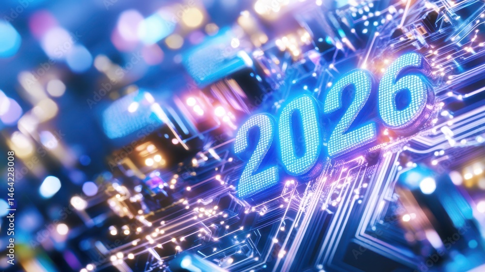 2026 Futuristic Tech: A digital rendering showcases the year 2026 embedded within an intricate, glowing circuit board design, symbolizing technological advancement.