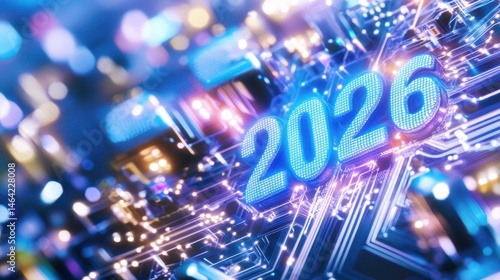 Obraz na płótnie 2026 Futuristic Tech: A digital rendering showcases the year 2026 embedded within an intricate, glowing circuit board design, symbolizing technological advancement. w salonie