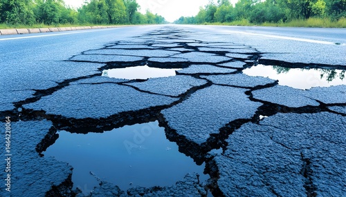 Cracked asphalt road with water puddles reflecting sky