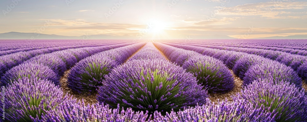 Fototapeta premium Lavender fields at sunset with vibrant colors and expansive views. Summer landscapes and scene serene, sunshine, idyllic, panoramic concept.
