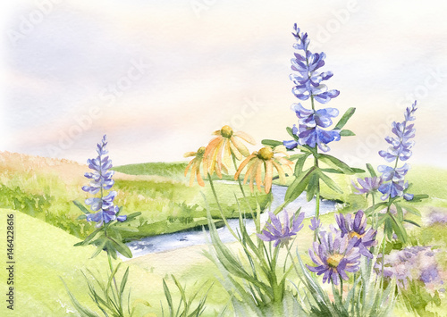 Summer landscape with field, river, sky, clouds and wild flowers. Hand drawn watercolor illustration. Template for print and card design