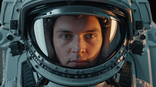 Close-up of male astronaut looking forward inside high-tech helmet with intense expression


