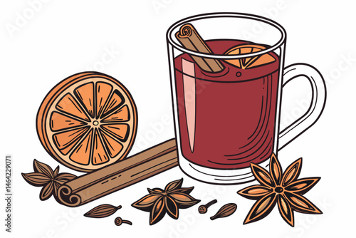 24 Mulled wine, glass mug, orange slice garnish, cinnamon sticks, star anise, cloves, warm beverage, festive drink, holiday spices, rich red color, transparent glass, white background, detailed produc