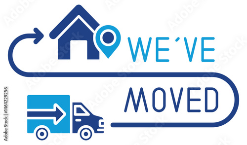 We've Moved Announcement, Label, Banner, Flyer, Vector Design Blue Fill Silhouette