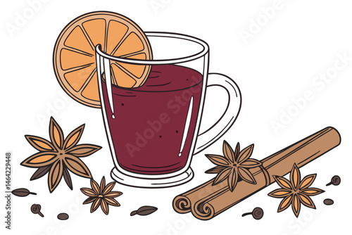 24 Mulled wine, glass mug, orange slice garnish, cinnamon sticks, star anise, cloves, warm beverage, festive drink, holiday spices, rich red color, transparent glass, white background, detailed produc