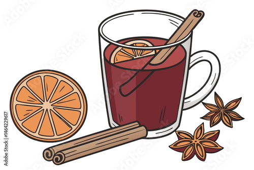 24 Mulled wine, glass mug, orange slice garnish, cinnamon sticks, star anise, cloves, warm beverage, festive drink, holiday spices, rich red color, transparent glass, white background, detailed produc