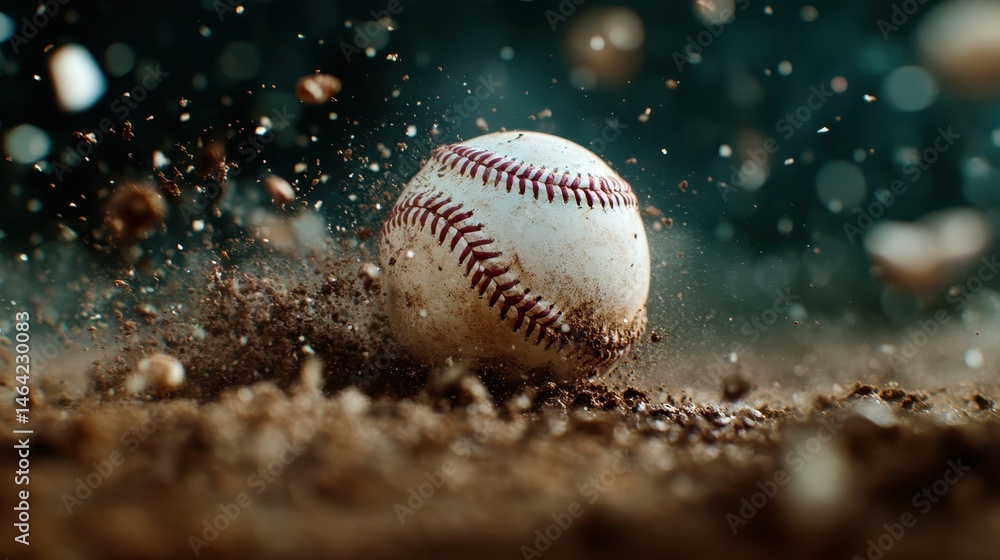 A dynamic shot of a baseball soaring through the air, kicking up dirt in an action-packed scene, capturing the excitement and energy of America's favorite pastime during a game. A dynamic shot of a baseball soaring through the air, kicking up dirt in an action-packed scene, capturing the excitement and energy of America's favorite pastime during a game.