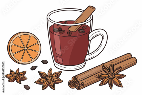 24 Mulled wine, glass mug, orange slice garnish, cinnamon sticks, star anise, cloves, warm beverage, festive drink, holiday spices, rich red color, transparent glass, white background, detailed produc