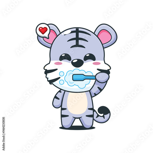 Cute white tiger cartoon vector illustration brushing teeth